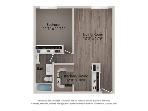 Floor plan for 1 bed, 1 bath, 700 sqft